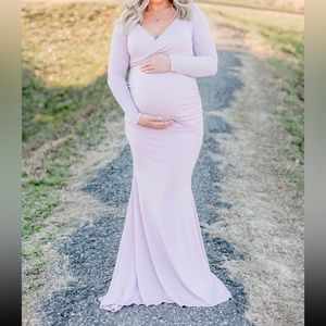 PinkBlush Pink metallic off shoulder long sleeve wrap maternity photo shoot gown
